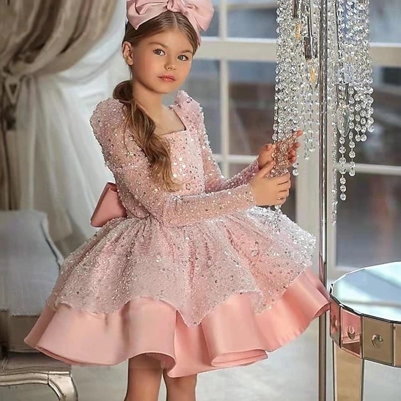 Kids Girls' Party Dress Solid Color Long Sleeve Performance Mesh Princess Sweet Mesh Mid-Calf Sheath Dress Tulle Dress Summer Spring Fall kids Black White Yellow