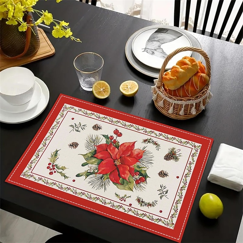 4pcs Christmas Linen Placemats, Christmas Tree and Bell Print with Red Striped Checkered Design, Insulated Table Mats for Holiday Party Décor2
