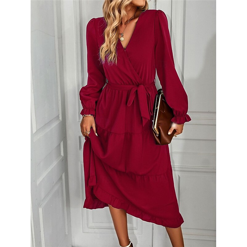 Women's Casual Dress Midi Dress Lace up Ruffle Casual V Neck Long Sleeve Black Pink Red Color3