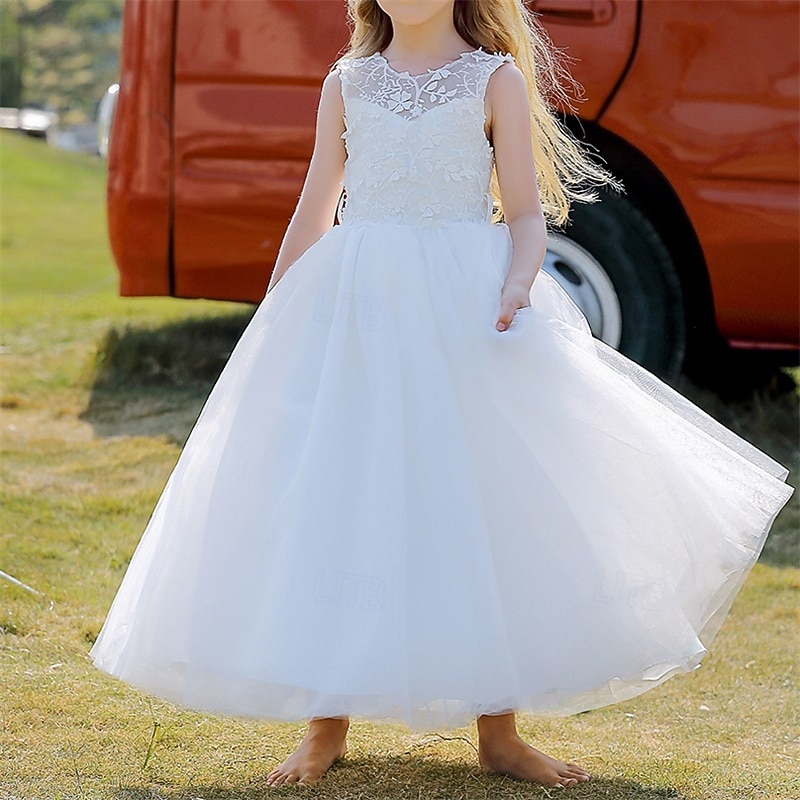 Kids Girls' Flower Girl Dress Party Dress Solid Color Sleeveless Performance Wedding Party Mesh Backless Patchwork Beautiful Sweet Polyester Maxi Party Dress Swing Dress Tulle Dress Spring Fall 4-122