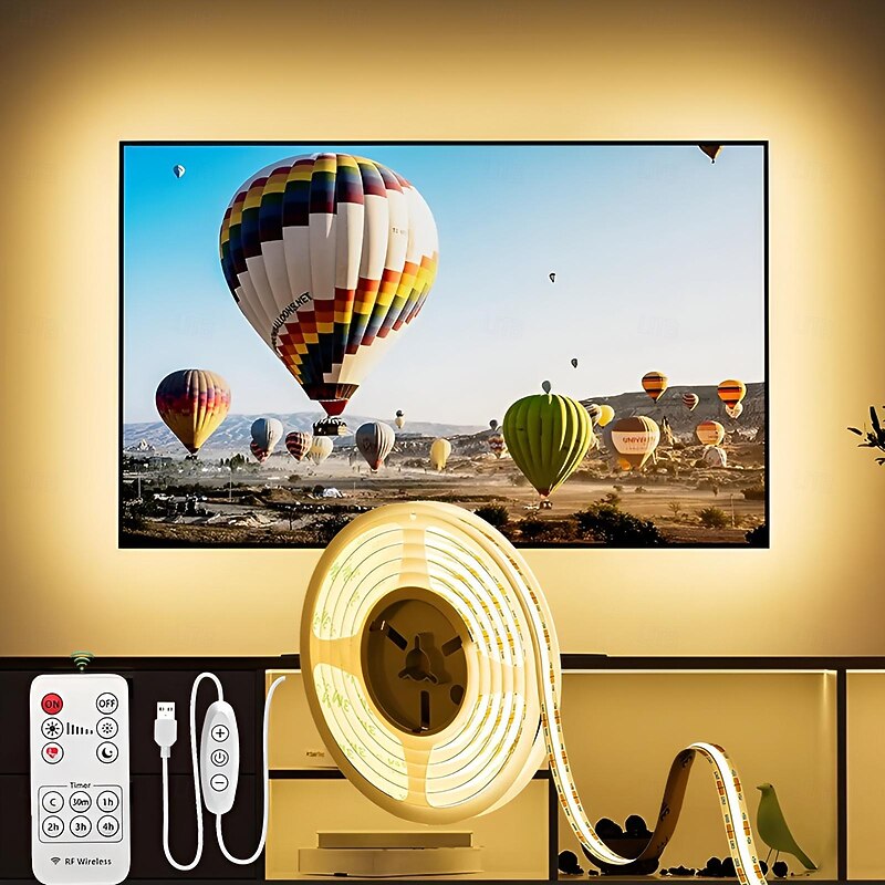 USB COB LED Strip Lights, Dimmable 1-3m TV Backlight 300 LEDs/m, CRI85 with RF Remote Control, Flexible Tape Light for DIY Bedroom, Kitchen, Under Cabinet Lighting