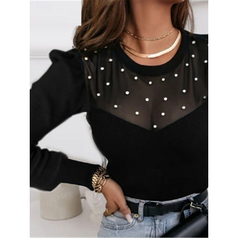 Women's Shirt Blouse Solid Color Basic Casual Long Sleeve Crew Neck Regular Tops Daily Mesh Patchwork Beaded Black Fall Winter3