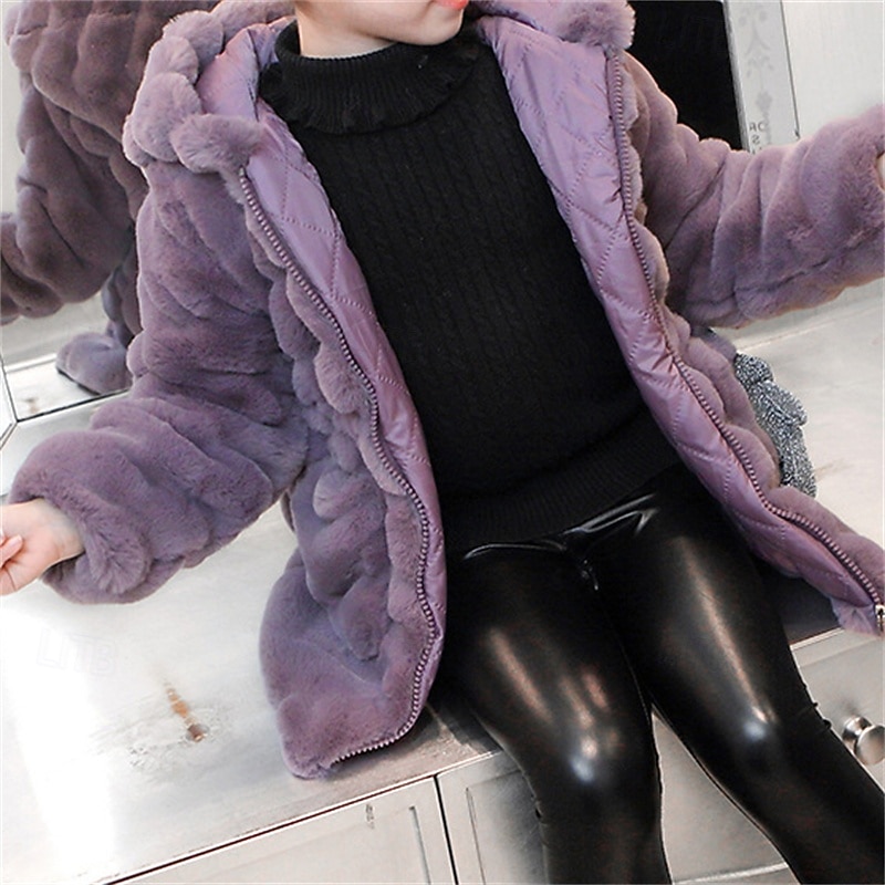 Kids Girls' Faux Fur Coat Solid Color Cute School Coat Outerwear 4 years+ Fall Pink Purple3