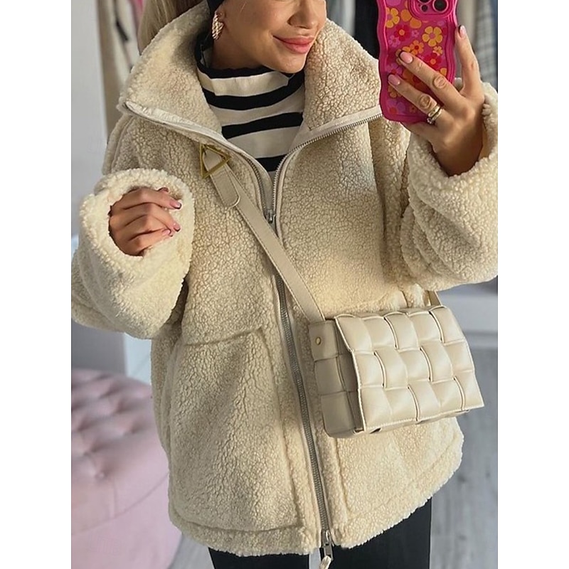 Women's Fleece Jacket Warm Breathable Patchwork Zipper Pocket Casual Plain Vacation Street Daily Wear Going out Zipper Regular Turndown Regular Fit Long Sleeve Outerwear Beige Coffee Fall Winter
