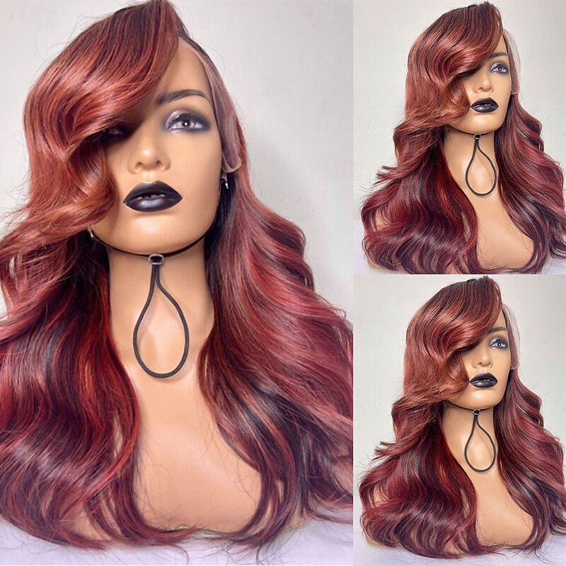 Human Hair 13x4 Lace Front Wig Side Part Brazilian Hair Body Wave Burgundy Wig 130% 150% Density Highlighted / Balayage Hair Natural Hairline 100% Virgin Glueless Pre-Plucked For Women Long Human4