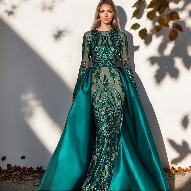 A-Line Evening Gown  Satin Elegant Dress Formal Floor Length Long Sleeve Boat Neck Detachable with Floral Print Slit Appliques