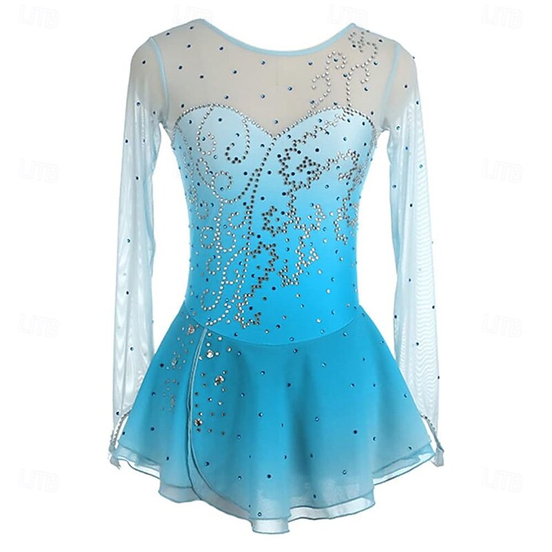 Figure Skating Dress Mesh Skirt Girls Round Neck Long Sleeve Gradient Multi-Color Competition Performance4