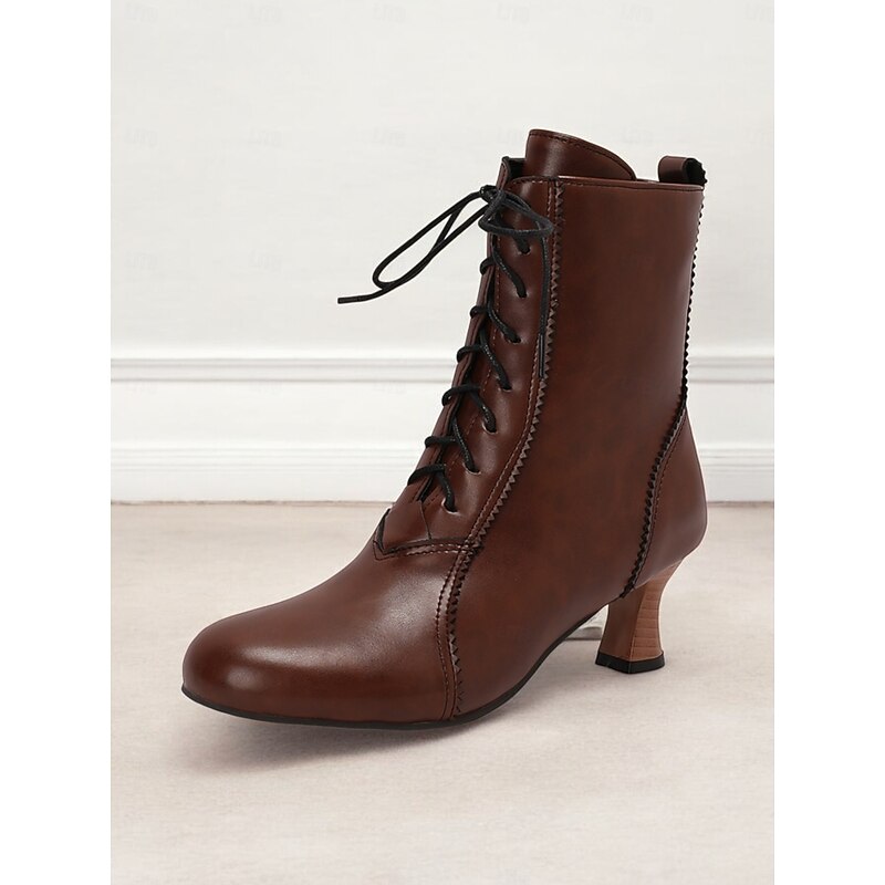 Victorian Style Women's Red Lace-Up Faux Leather Ankle Boots with Mid Heel - Retro Vintage-Inspired Footwear for Formal or Casual Wear 5