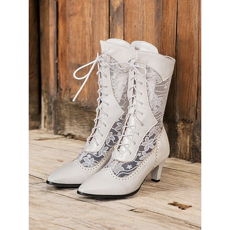 Women's Victorian Black Lace-Up Mid-Calf Boots with Floral Lace Panels – Vintage-Inspired Heeled Boots for Formal and Casual Occasions2