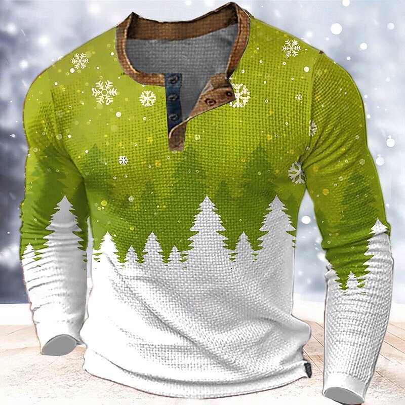 Christmas Men's Christmas Scene Henley T Shirt Graphic Tree Snowflake Fashion Designer Casual 3D Print Henley Waffle Sports Outdoor Holiday Festival Blue Red & White Purple Long Sleeve Henley Shirt2