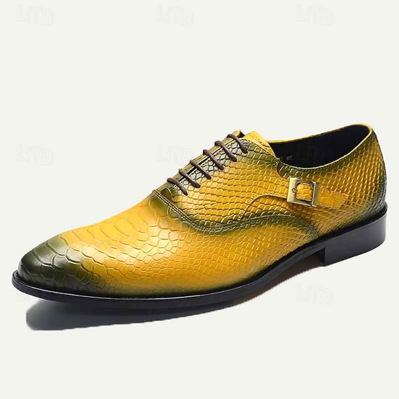 Men's Yellow Gradient Snake Pattern Leather Oxford Shoes with Buckle Detail - Luxury Formal Dress Shoes for Business and Special Occasions4