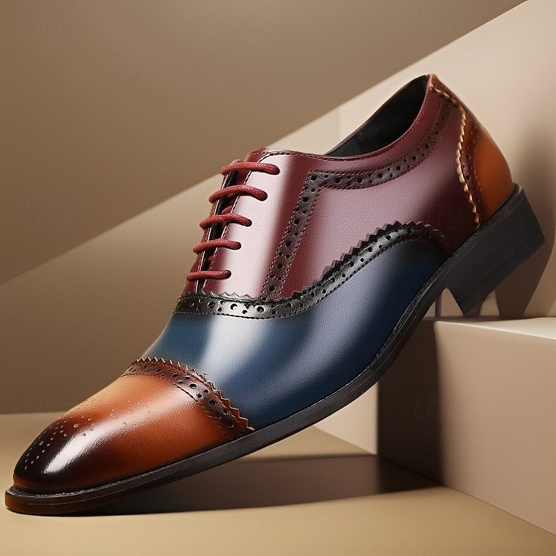 Men's Multicolor Wingtip Oxford Brogue Shoes – Faux Leather Lace-Up Dress Shoes for Formal and Business Occasions - Main Image