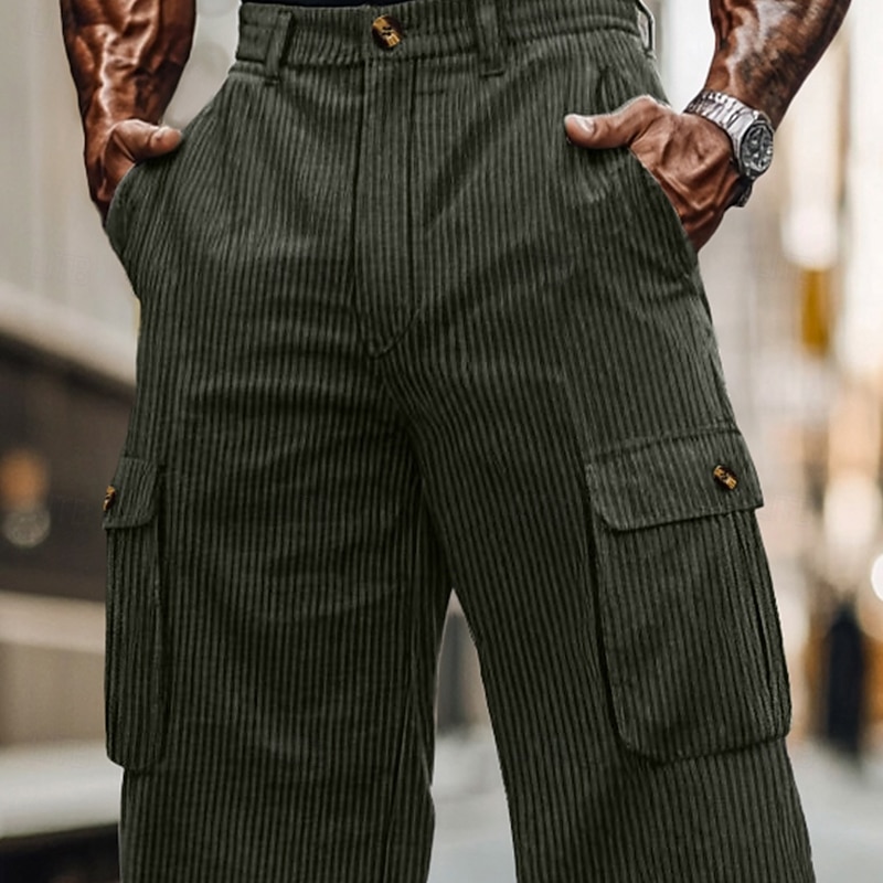 Men's Cargo Pants Corduroy Pants Trousers Baggy Pants Casual Pants Pocket Elastic Waist Multi Pocket Plain Comfort Soft Full Length Outdoor Daily Going out Fashion Streetwear Black Army Green2