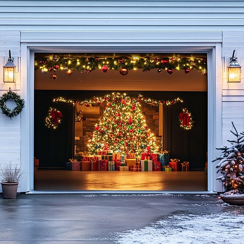 Christmas Door Decorations Outdoor Garage Door Cover Xmas Tree Banner Farmhouse Large Christmas Backdrop for Holiday Outdoor Garage Door Home Wall Decorations 29