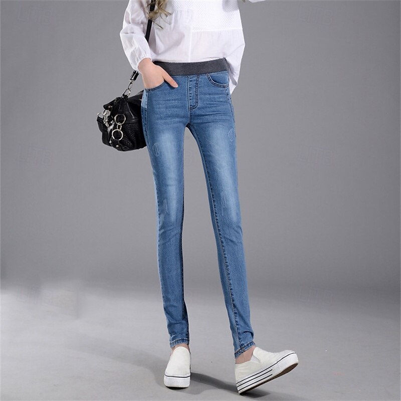 Women's Normal Jeans Cozy Leggings Fashion Streetwear Full Length High Waist Solid Color Patchwork Butt Lift Breathability Soft Stretchy Office Daily Wear Light Black Dark Blue Spring & Fall Slim 8