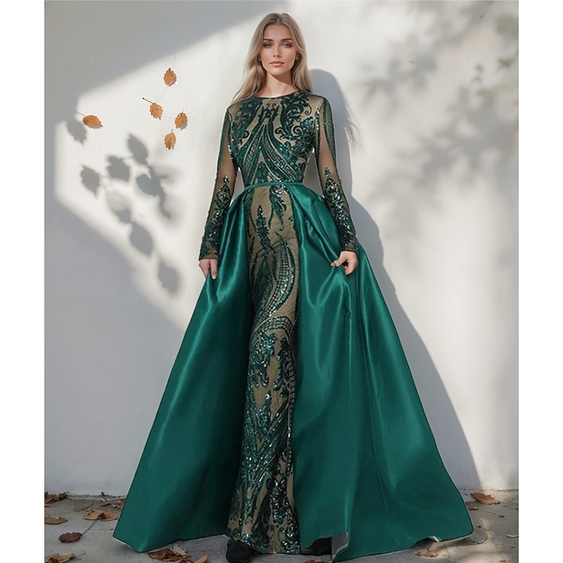 A-Line Evening Gown  Satin Elegant Dress Formal Floor Length Long Sleeve Boat Neck Detachable with Floral Print Slit Appliques2