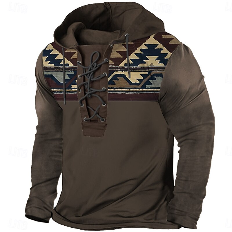 Men's Cowboy Hoodie Hoodies Sweatshirt Cool Daily Long Sleeve Hooded Holiday Streetwear Brown Dark Blue Drawstring Fall Winter Designer