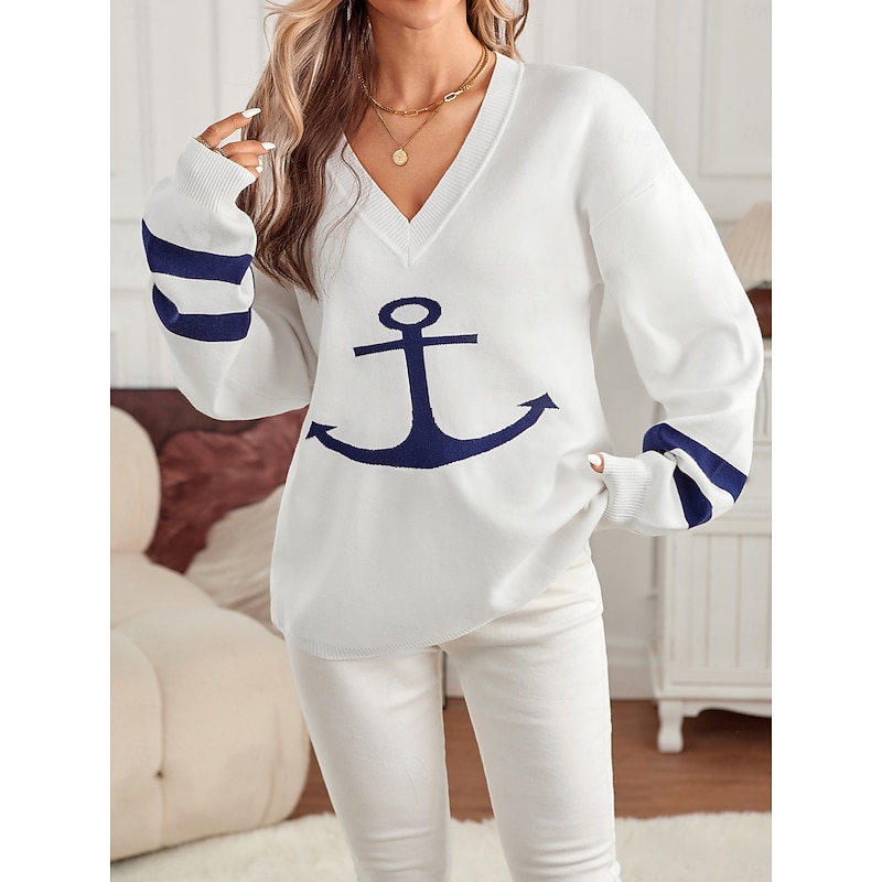 Women's Sweater Elegant Fashion Streetwear Graphic V Neck Knitted Long Sleeve Long Tops Knit Daily Weekend White Fall Winter4