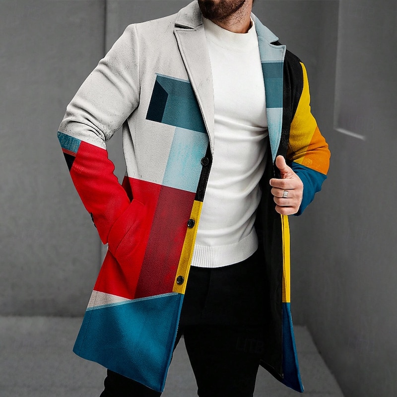 Men's Plaid Winter Coat Fleece Jacket Overcoat Thermal Comfortable Business Casual Formal Daily Wear 3D Print Buttons Front Pocket Winter Turndown Long Sleeve Yellow Red Multi Color