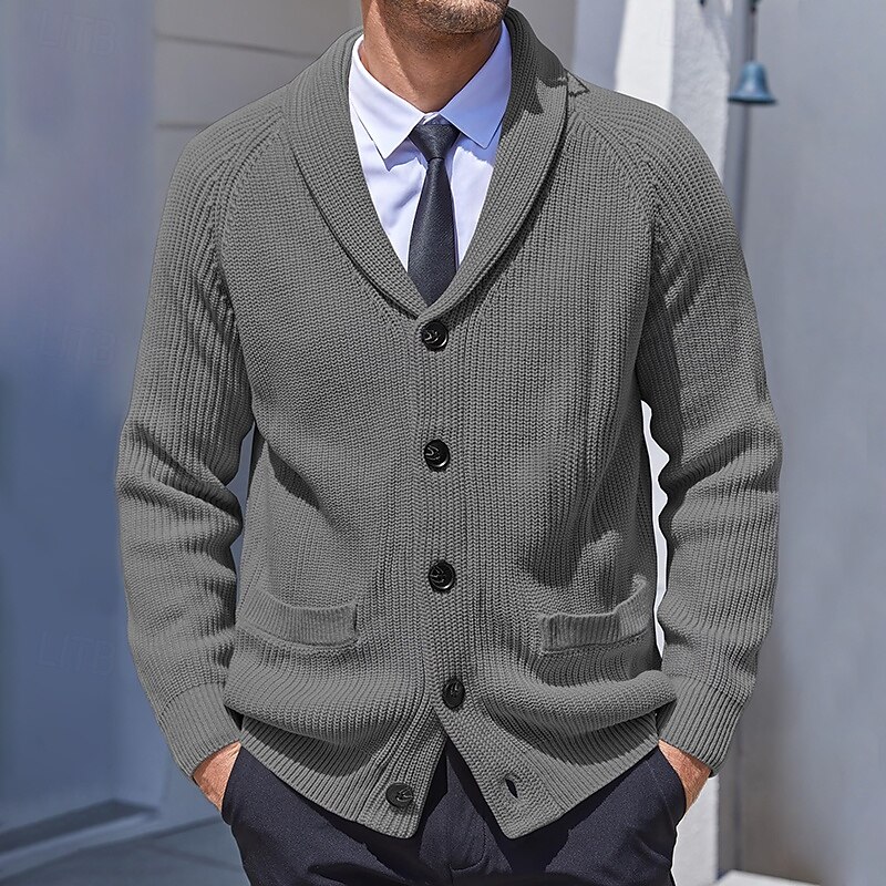 Men's Cardigan Sweater Knit Sweater Ribbed Knit Regular Button Up Side Pockets Solid Color Lapel Fashion Classic Daily Wear Date Clothing Apparel Fall & Winter Black Brown M L XL4