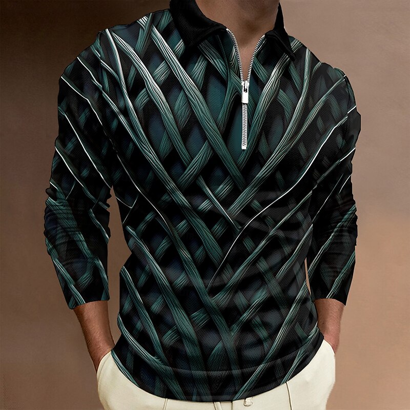 Men's 3D Print Polo Shirts Golf Polos Shirts Long Sleeve Polo Shirts Collar Business Casual Vacation Dailywear Zipper 3D Print Spring Fall & Winter Black Ink Blue Dark Purple4