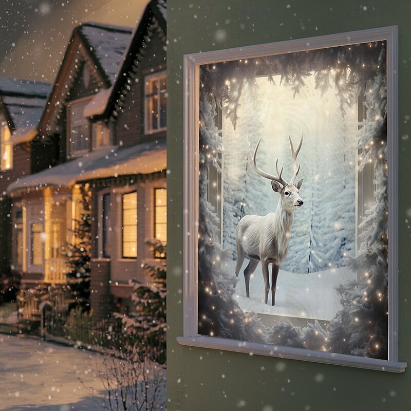 Christmas Window Cover Decorations, Fabric Reindeer Snow Gift Festive Curtain Movie Poster Window Door Covering Decor for Farmhouse House, Happy Christmas Window Clings Decals Indoor Outdoor