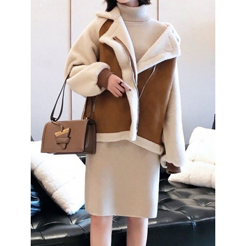 Women's Fleece Jacket Teddy Coat Warm Breathable Zipper Pocket Fleece Lined Casual Plain Vacation Street Daily Wear Going out Zipper Regular Turndown Regular Fit Long Sleeve Outerwear Brown Khaki2