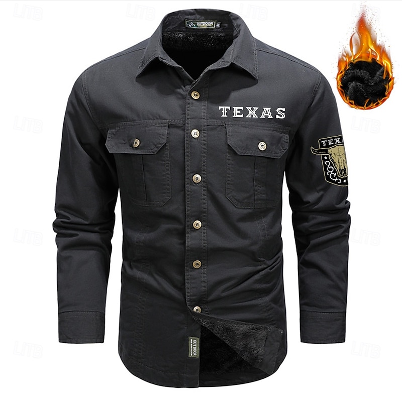 Men's Texas Work Shirt Western Shirt Cargo Shirt Long Sleeve Casual Sports & Outdoor Going out Fall Winter Turndown Print Black Army Green Khaki