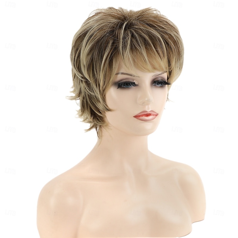 Short Brown Mixed Blonde Highlight Pixie Cut Wigs with Bangs Synthetic Layered Wigs for Women Natural Hair Replacement Wigs4