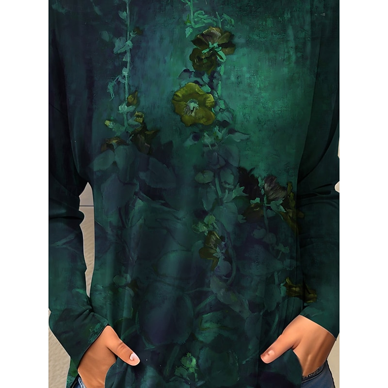 Women's T Shirt Floral Fashion Long Sleeve Round Neck Regular Tops Holiday Weekend Print Blue Purple Green Spring &  Fall3