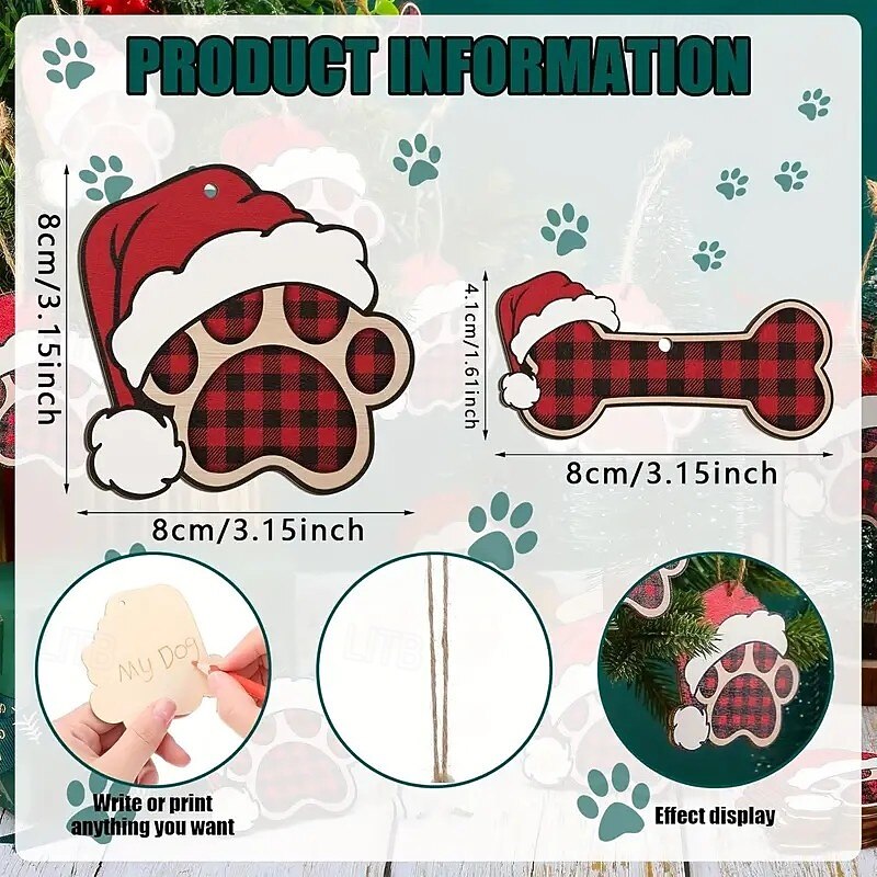 20pcs Dog Paw Christmas DIY Ornaments, Plaid Cut-Out Wooden Dog Bone Paw Print Decorations for Xmas Tree, Personalized Pet Name Tags, Perfect Holiday Gifts for Pet Lover3