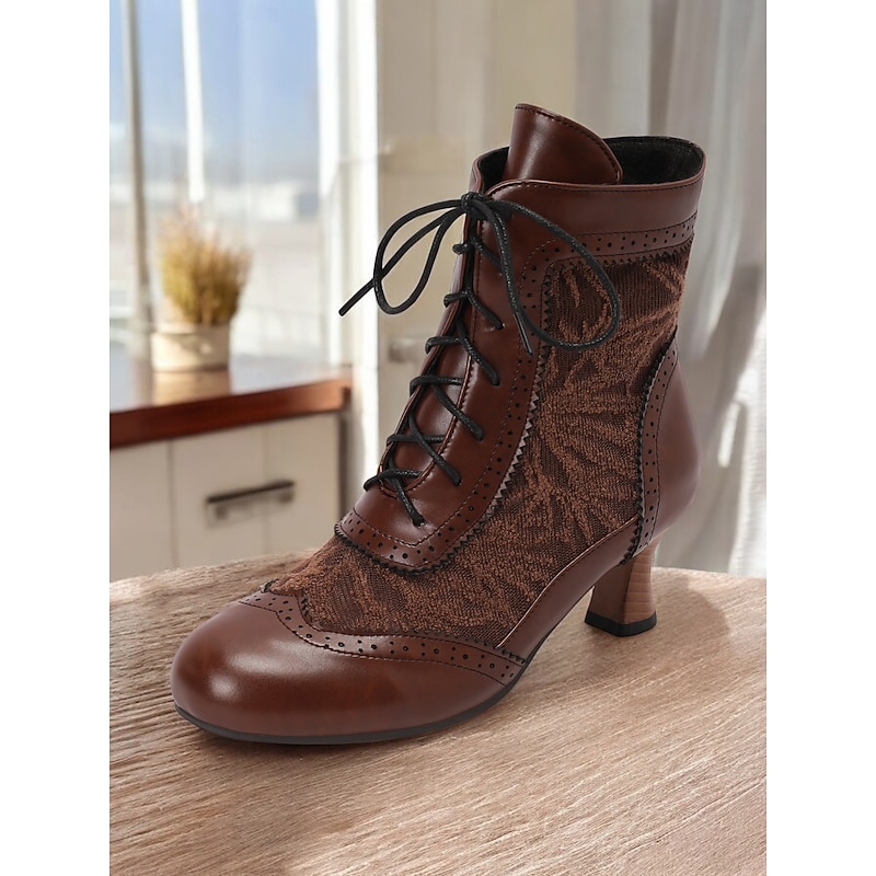 Victorian Style Women's Ankle Boots with Lace Design and Faux Leather Accents – Vintage Lace-Up Footwear for Casual and Costume Occasions