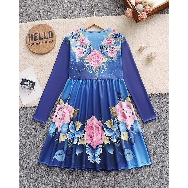 Easter Girls' 3D Graphic Flower Dress Long Sleeve Summer Spring Vacation Daily Holiday Princess Beautiful Sweet Kids 4-12 Years Casual Dress A Line Dress Knee-length Regular Fit3