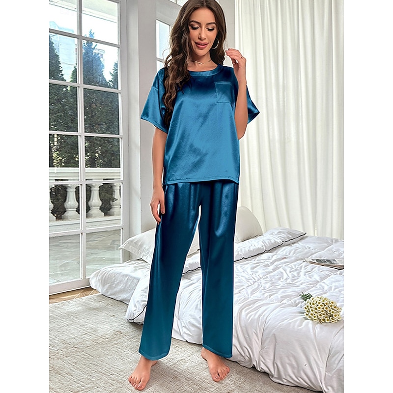 Women's Pajamas 2 Pieces Pure Color Fashion Home Breathable Crew Neck Short Sleeve T shirt Pant Summer Home Outfits2