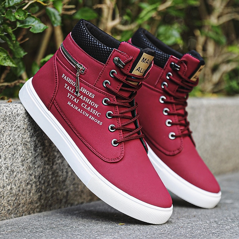 Men's Red High-Top Sneakers – Lace-Up Casual Ankle Boots with Zipper Detail and Stylish Print2