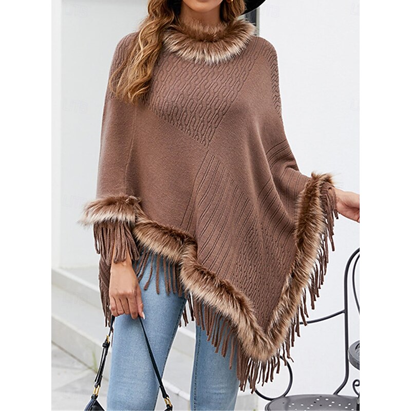 Women's Cloak / Capes Outdoor Street Daily Wear Fall Winter Regular Coat Regular Fit Thermal Warm Breathable Stylish Casual Jacket Long Sleeve Plain Tassel Fringe Faux Fur Trim Red Apricot Coffee3