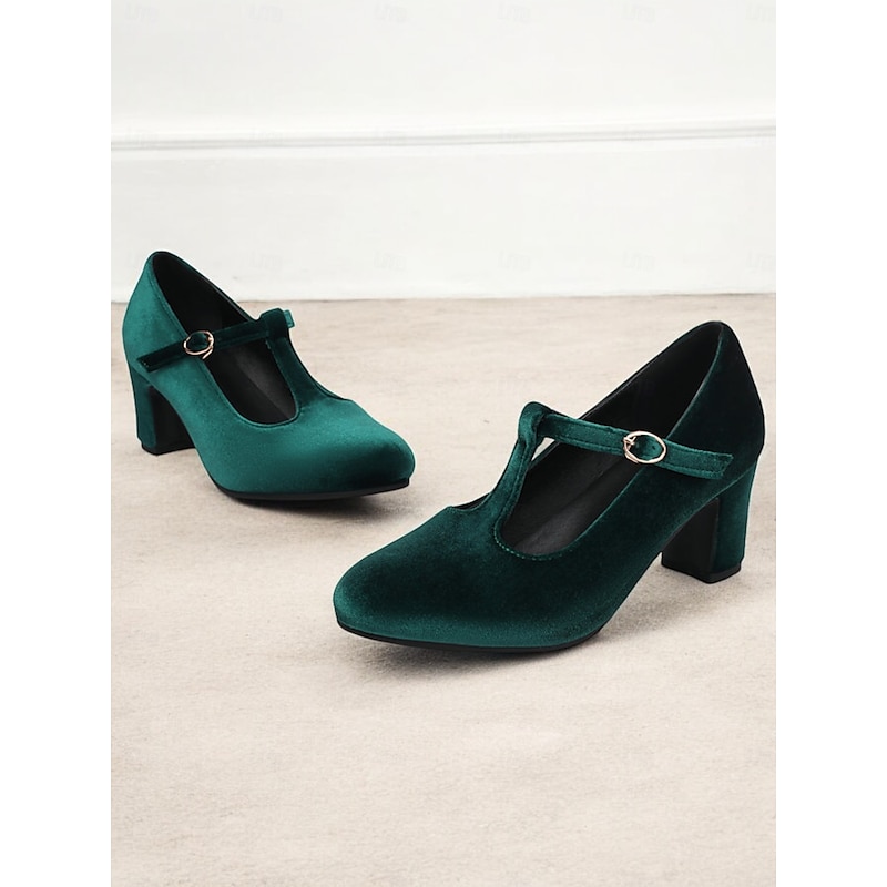 Women's Green Velvet T-Strap Mary Jane Heels with Block Heel – Vintage-Inspired Dress Shoes for Parties and Formal Events