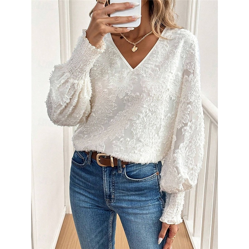 Women's Shirt Blouse Solid Color Basic Casual Long Sleeve Lantern Sleeve V Neck Regular Tops Daily Lace Embroidered White Fall Winter