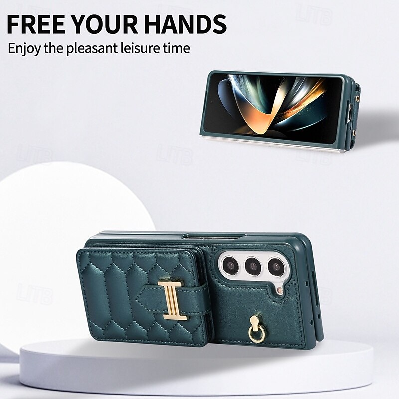 Phone Case For Z Fold 5 Z Fold 4 Z Fold 3 Back Cover with Lanyard with Wrist Strap Card Slot Retro TPU PU Leather4