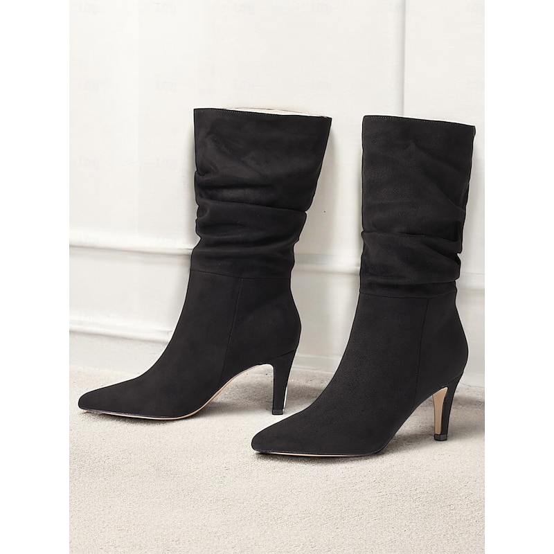 Women's Brown Suede Slouchy Mid-Calf Boots - Elegant Pointed Toe Stiletto Heels, Perfect for Autumn Casual and Party Outfits4