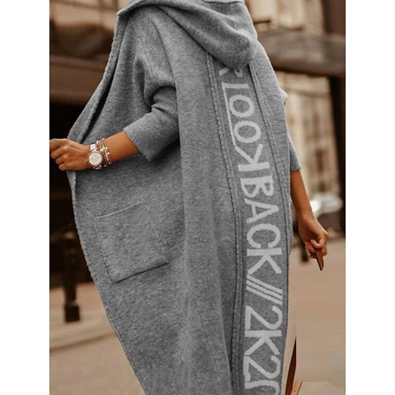 Women's Sweater Cardigan Casual Soft Letter Ribbed Hooded Pocket Knitted Long Sleeve Long Tops Knit Outdoor Daily Weekend Light Brown Blue Fall Winter4