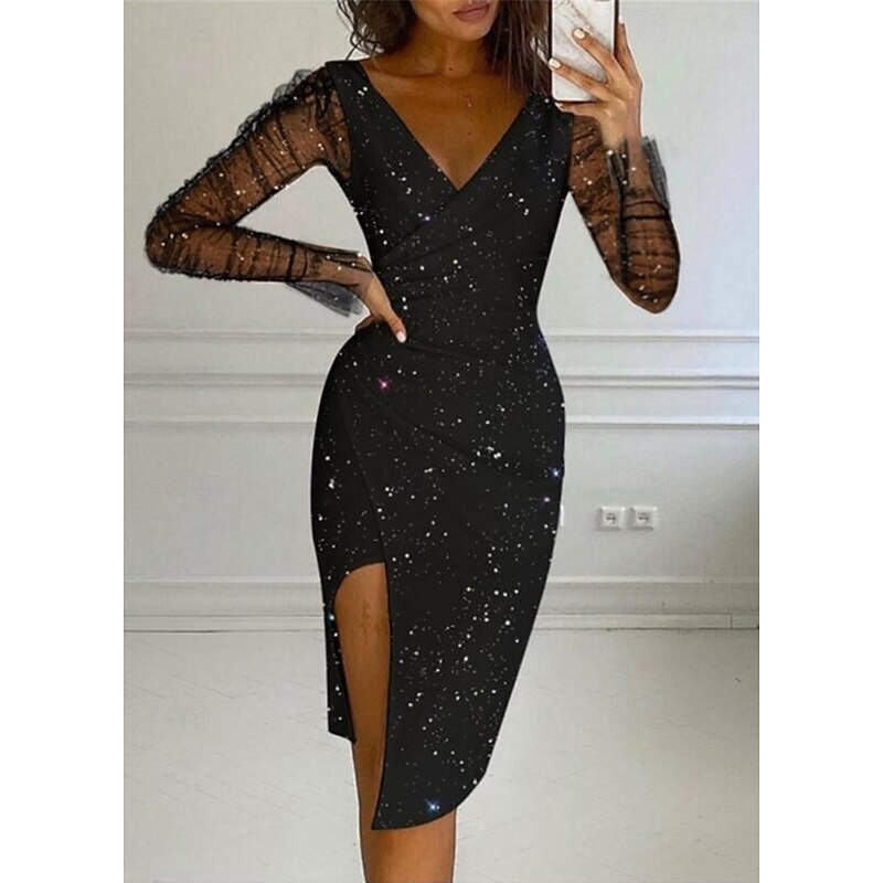 Women's Midi Dress Black Dress Sequin Dress Cocktail Dress Formal Dress Elegant Christmas Party Plain Long Sleeve V Neck Black