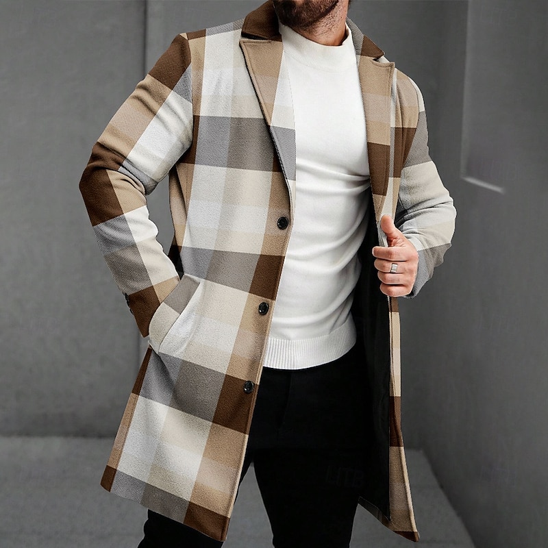 Men's Plaid Winter Coat Fleece Jacket Overcoat Thermal Comfortable Business Casual Formal Daily Wear 3D Print Buttons Front Pocket Winter Turndown Long Sleeve Brown