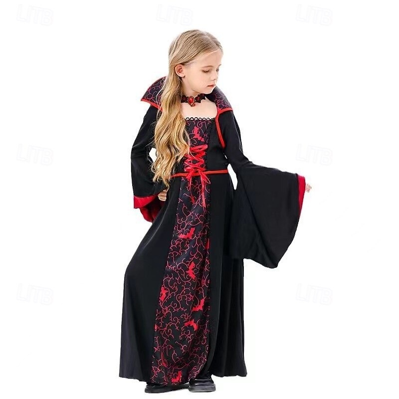 Kids Girls' Cosplay Dress Party Dress Color Block Long Sleeve Performance Halloween Party Patchwork Gothic Beautiful Polyester Maxi Party Dress Spring Fall 4-12 Years Wine3