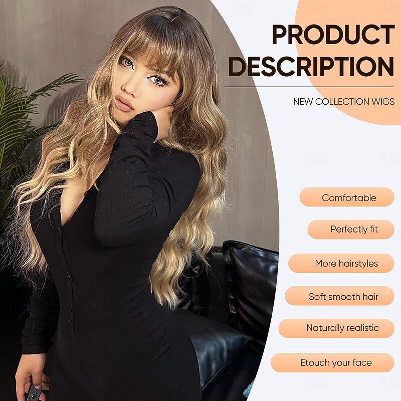 Long Wavy Wig with Bangs for White Women Natural Looking Female Wigs With Dark Roots Synthetic Fiber Hair Wig for Daily Party Use Chest Length Curly Wig2