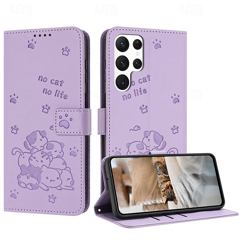 Phone Case For Samsung Galaxy S25 S24 S24 FE S23 S22 S21 Ultra Plus A55 5G A35 5G A25 A15 Wallet Case with Stand Holder Full Body Protective with Wrist Strap Cat Retro TPU PU Leather2