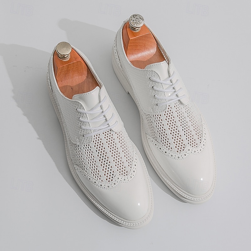 Men's White Mesh Lace-Up Oxford Shoes with Crocodile Pattern, Lightweight Breathable Dress Shoes for Summer Formal and Casual Wear3