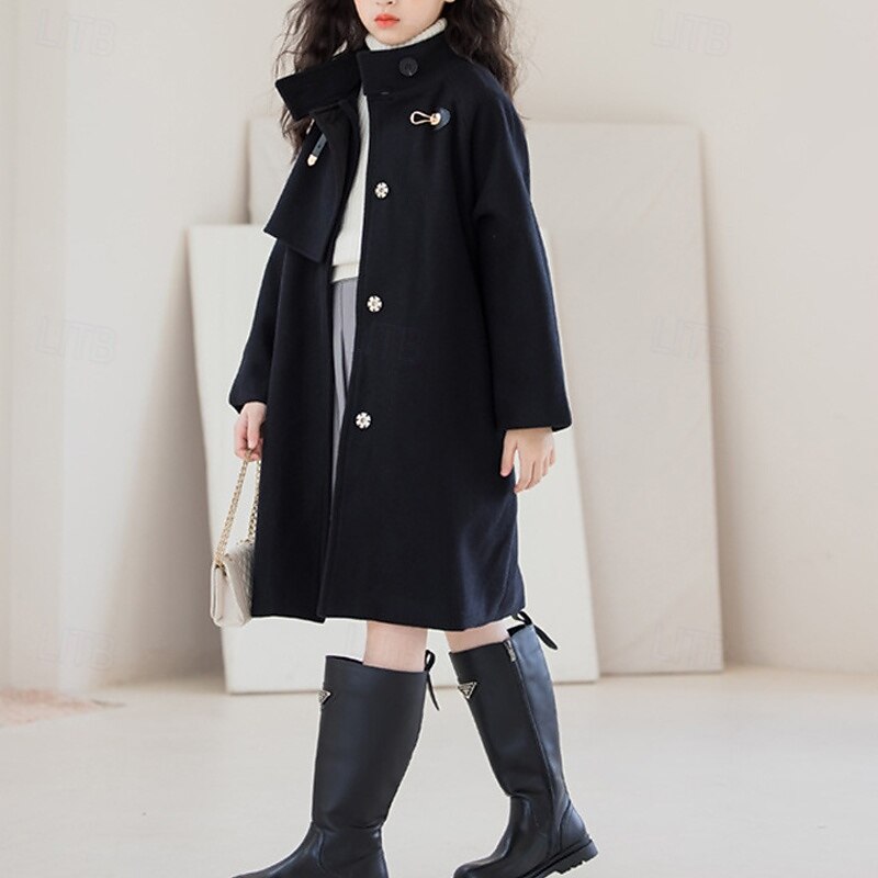 Kids Girls' Woolen Coat Long Sleeve Black Solid Color Button Fall Winter Fashion School 3-7 Years