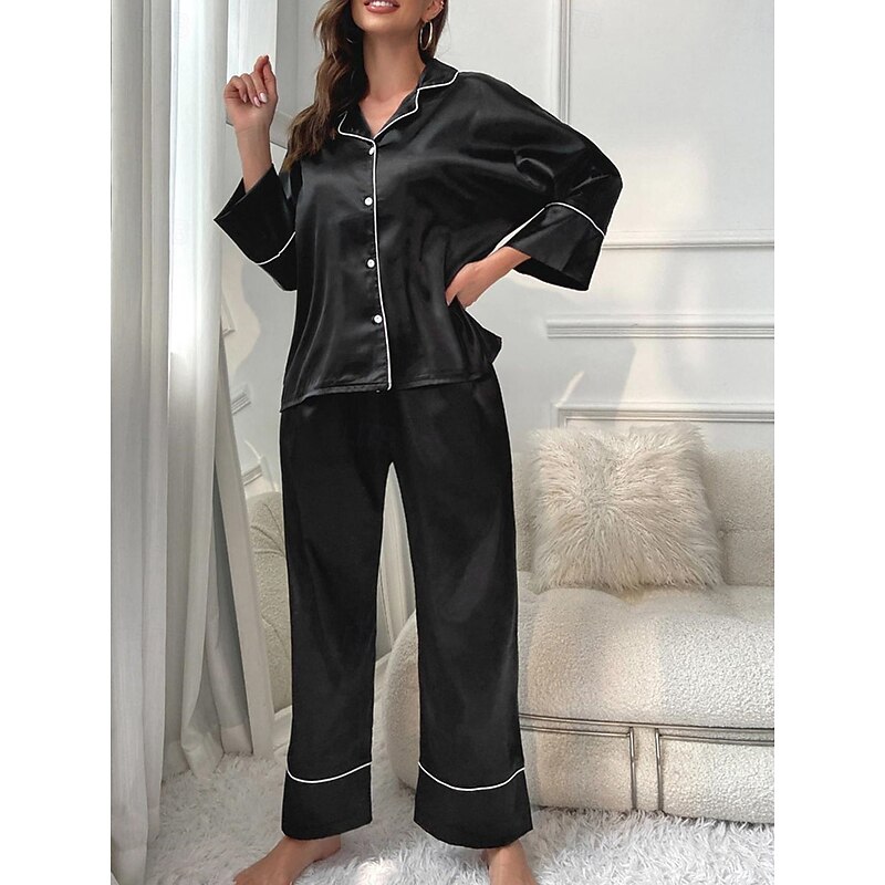 Women's Pajama Set Pure Color Casual Comfort Home Daily Satin Silk Comfort Warm Lapel Long Sleeve Shirt Pant Button Up Elastic Waist Fall Winter Home Outfits
