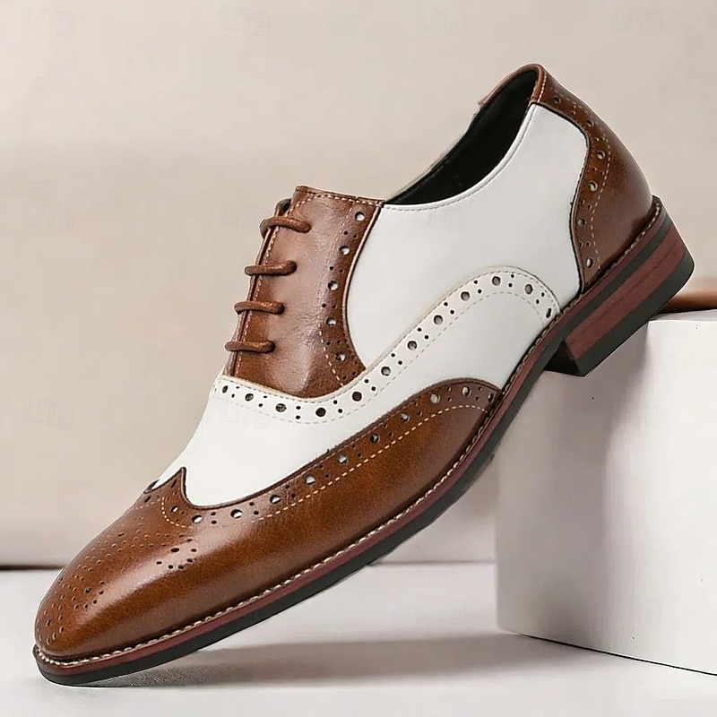 Men's Brown and White Wingtip Oxford Brogue Spectator Shoes, Gatsby-Inspired Genuine Leather Vintage Dress Shoes for 1920s Party, Wedding, and Formal Events